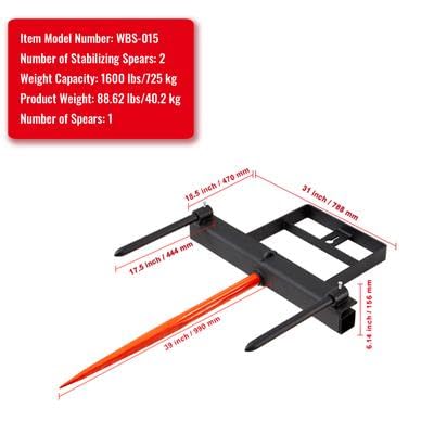 Happybuy 39" Hay Spear, 1600lbs Capacity, Skid Steer Loader Attachment with 2 Stabilizer Spears & 60" Chain, Quick Attach Forks