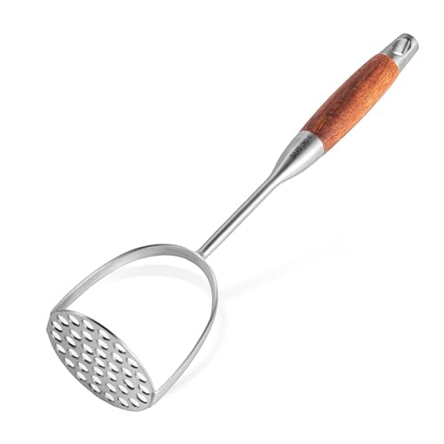 Potato Masher Stainless Steel, Manual Mashed Potato Masher,Wooden handle Potatoes Smasher Kitchen Tool for Avocado,Potatoes, Vegetables, 13.5Inch Long handle Large Heavy Duty Metal Mashing Utensil - size: Brown wooden handle large