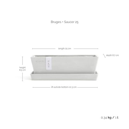 Ecopots Bruges Rectangular Flower Planter w/Saucer, Pure White, 10" - color: Pure White