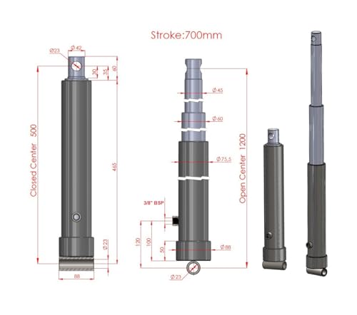 Hydraulic Telescopic Cylinder 2 Stages, 27.6 Inch Stroke, 13200 Lbs Capacity