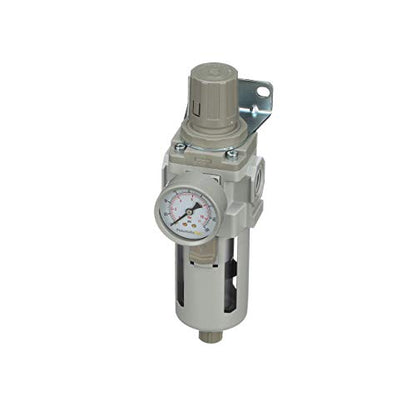 PneumaticPlus SAW400-N04BG Compressed Air Filter Regulator Piggyback Combo 1/2" NPT - Poly Bowl, Manual Drain, Bracket, Gauge - style: Poly Bowl - Manual Drain