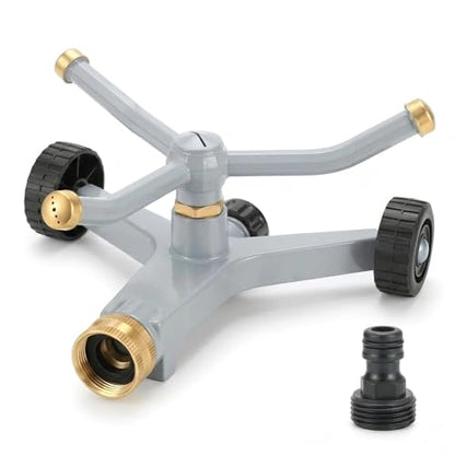Ehajia 360° Rotating Lawn Sprinkler Heavy Duty Metal 3 Arm Wheeled Base - color: Silver