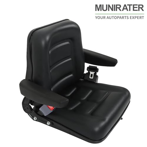munirater Universal Fold Down Forklift Seat with Seatbelt Armrest and Slide Replacement for Excavator Skid Loader Backhoe Dozer Telehandler