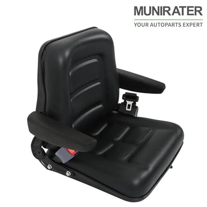 munirater Universal Fold Down Forklift Seat with Seatbelt Armrest and Slide Replacement for Excavator Skid Loader Backhoe Dozer Telehandler