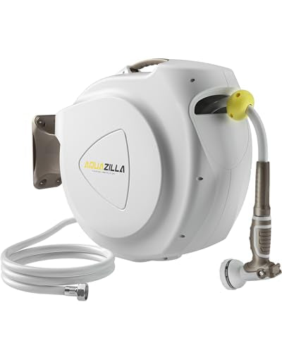 Retractable Garden Hose Reel, 1/2 in 75+6ft, Heavy Duty Wall Mounted Water Hose Reel, Spring power Automatic Rewind, Any Length Lock, 180° Swivel Bracket, 10 Pattern Spray Nozzle - size: 1/2“ 75FT