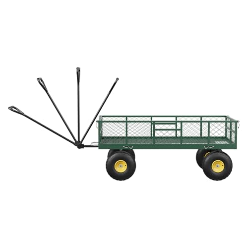 Garden Dump Cart with Removable Sidewalls, 900 LBS Heavy Duty Steel Dump Wagon with 180° Swivel Handle & 10-inch Tires, Yard Cart Utility Wheelbarrow for Backyard Farm, Green