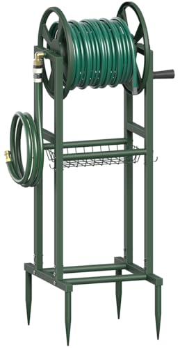 Freestanding Garden Hose Reel holds 125ft Hose of 5/8" with 4 Hooks, 4-Spike Outdoor Hose Holder with 3.9ft Leader Hose & Brass Fitting, Detachable Metal Hose Stand with Storage Rack, Green - color: Green