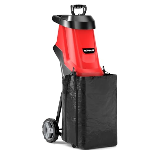 15 Amp Electric Wood Chipper Shredder, Corded Wood Mulcher Shredder with Plunger, Collection Bag & 15:1 Reduction, Garden Shredder with Wheels for Branches, Leaves, Waste(Red)