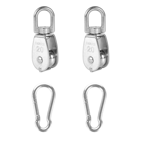 2X 304 Stainless Steel M20 Single Swivel Rope Pulley Blocks with Snap Hooks - size: M20-2pcs