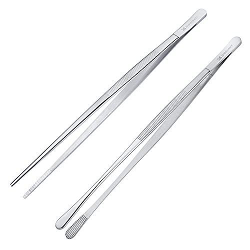 MSY BIGSUNNY Stainless Steel Food Tweezers Multi-function Cooking Tongs Kitchen Serving Tong (12" Round & 12" Pointed Tweezers) - size: 12" Round & 12" Pointed Tweezers - 2 Piece Set