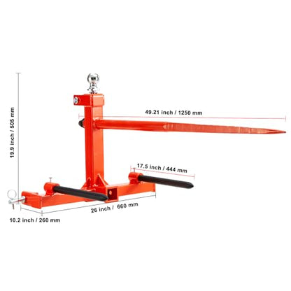 Happybuy 49" Hay Spear, 1600lbs Capacity, Three-Point Hitch Attachment with 2 Stabilizer Spears, Quick Attach Forks