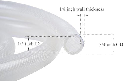 1/2" ID x 3/4" OD - 25 Ft High Pressure Braided Clear PVC Tubing Flexible Vinyl Tube, Heavy Duty Reinforced Hose Tubing, BPA Free and Non Toxic - size: 1/2" ID x 3/4" OD, style: 25 Ft