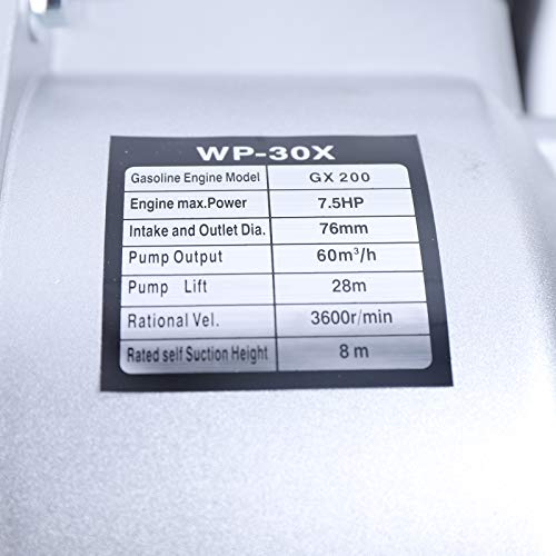 7.5hp 3-Inch Water Transfer Pump Portable Gasoline Water Pump High Pressure Lightweight Petrol Water Pump Drain Pool Flood Irrigation Flooded Basement 60m3/h Flow Rate