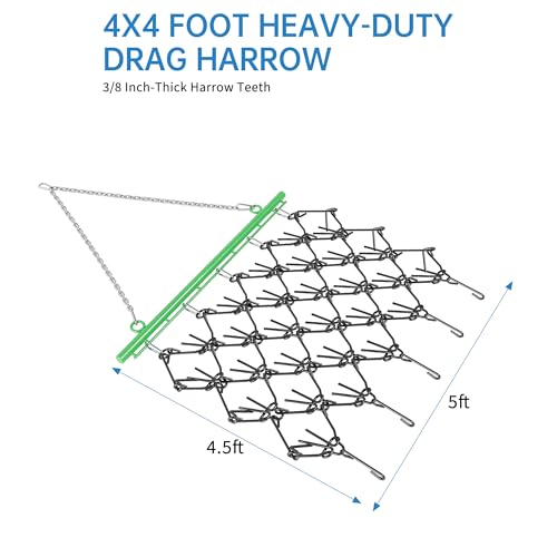 5ft x 4.5ft Heavy Duty Drag Harrow - 3/8" Tines & Chain Link Mat for Arena Leveling, Pasture Maintenance, Soil Prep - Compatible with ATV, UTV, Tractor, Green - size: 5' x 4.5', 3/8" Tines(Green)