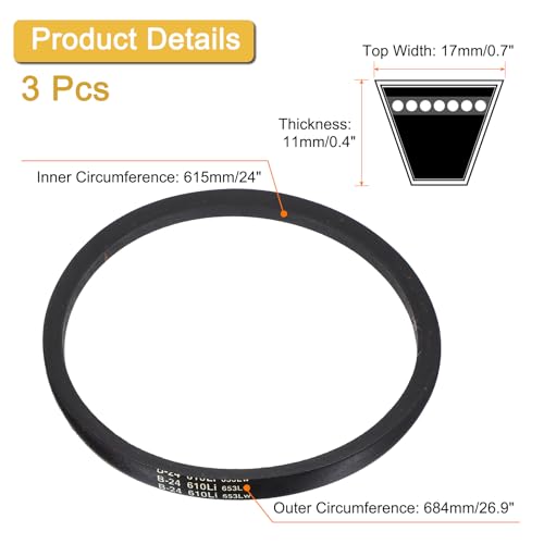 Uxcell 3 Pack B24 Classic Wrapped V-Belt, 27" Outside Circumference, Black Rubber Industrial V-Belt - size: B24