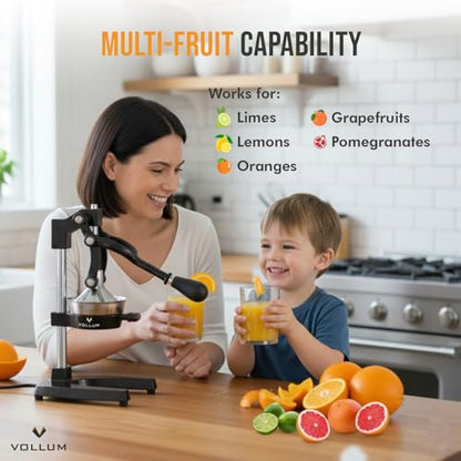 Manual Fruit Juicer,Commercial Grade Home Citrus Lever Squeezer for Oranges, Lemons, Limes, Grapefruits and More,Stainless Steel and Cast Iron,Non-skid Suction Cup Base,15 Inch,Black,by Vollum - color: Black