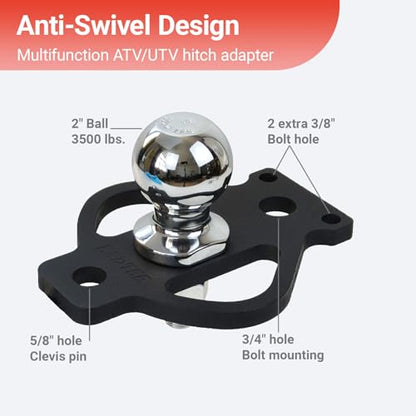3-Way Bolt on ATV/UTV Trailer Hitch Adapter with 2-Inch Ball - style: Flat