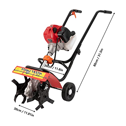 52CC Tiller Cultivator, 2-Stroke Mini Gas Powered Rototiller with Wheels, 6500RPM Garden Tiller for Soil Cultivation, Weeding & Lawn Care, 36cm Tilling Width