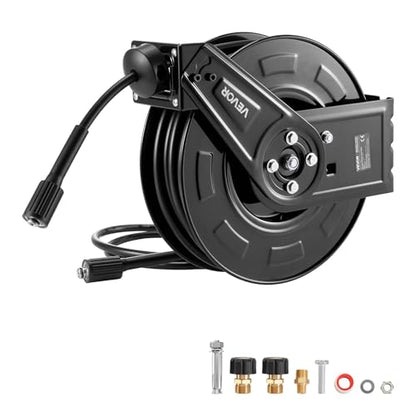 VEVOR Pressure Washer Hose Reel, 60 ft x 1/4 inch Retractable Power Heavy-Duty Steel Washer Hose Reel, 4000PSI Max, Auto-Rewinding, Flexible Wall/Floor Mounted for Car Washing,Garden,Floor Cleaning - size: 60 ft x 1/4 inch, 4000PSI