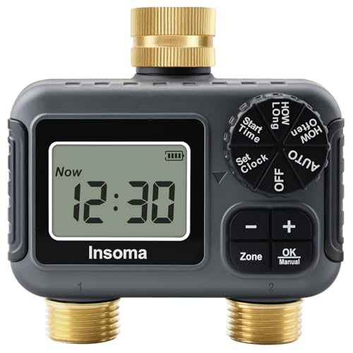 Insoma 2-Zone Water Timer Brass Inlet/Outlet, Programmable Outdoor Hose Faucet Timers with Auto/Manual Modes + Rain Delay, Waterproof Sprinkler Timer for Garden, Lawn, Yard, Pool | Save Water & Money - size: 2 Zone-Brass Inlet Outlet