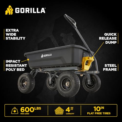 Gorilla Carts Dump Garden Cart, 4 Cu Ft, 600 lb Capacity, No-Flat Tires - size: 4-Cubic Feet
