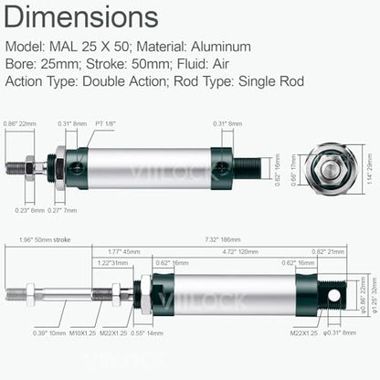 MAL25x50 Mini Air Cylinder 25mm Bore 50mm Stroke Double Acting - size: 25mm x 50mm