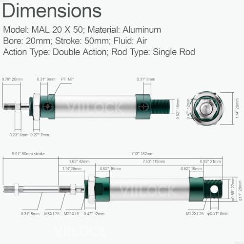 MAL20x50 Mini Air Cylinder 20mm Bore 50mm Stroke Double Acting - size: 20mm x 50mm