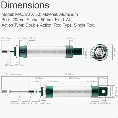MAL20x50 Mini Air Cylinder 20mm Bore 50mm Stroke Double Acting - size: 20mm x 50mm