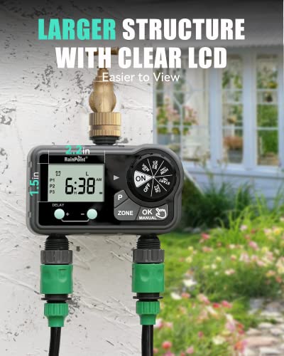 RAINPOINT Brass Sprinkler Timer 2 Stations, Large Digital Water Timer for Garden Hose with 6 Programmable Procedure, with Delay/Manual/Auto Irrigation Mode for Week/Specific/Daily Watering