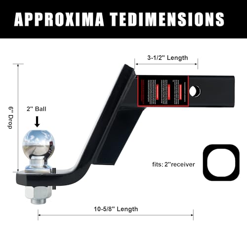 TYT 6-Inch Drop Trailer Hitch Ball Mount with 2" Ball for 2-Inch Receiver - size: 6"drop with Pin