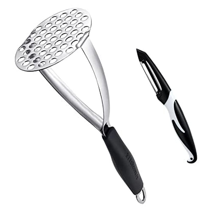 Joyoldelf Heavy Duty Stainless Steel Potato Masher with Potato Peelers, Masher Kitchen Tool & Food Masher/Potato Smasher with Silicone Handle, Perfect for Bean, Vegetable, Fruits, Avocado, Meat - color: Black+Peeler