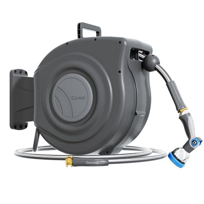 Retractable Garden Hose Reel 1/2 in x 65 ft Heavy Duty Automatic Water Hose Reel with 10-Function Sprayer Nozzle Kink-Free Auto Rewind Any-Length Lock 180° Swivel UV Resistant - Dark Gray - color: Dark Gray, size: 1/2 in x 65 ft