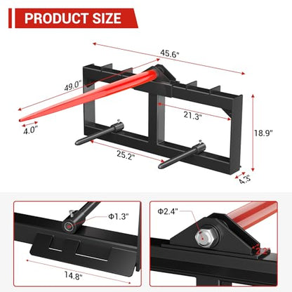 49" Skid Steer Hay Spear Attachment, 2000 Loading Capacity