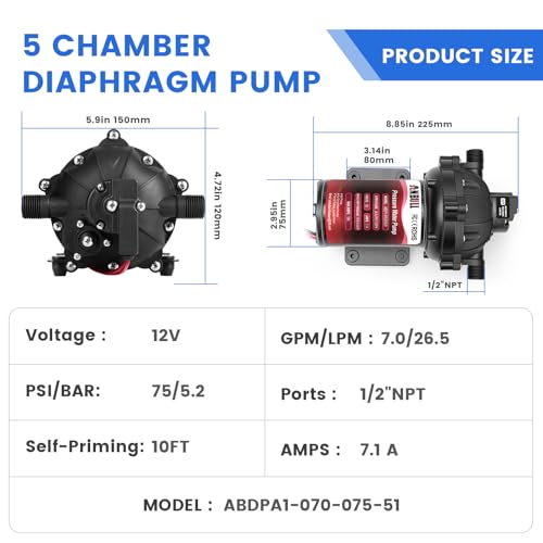 ANBULL 12V 5-Chamber Water Transfer Diaphragm Pump,7.0GPM 75PSI - size: 12V, 7.0GPM75PSI