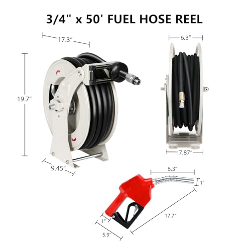 3/4" Diesel Fuel Hose Reel 50ft 300 PSI Retractable Heavy Duty Hose for Kerosene Spring Driven Auto Swivel Fuel Pump Transfer Hose with Nozzle Refueling for Service Truck Tank Boats Air Vehicle - size: #205-3/4" x 50ft, Silver