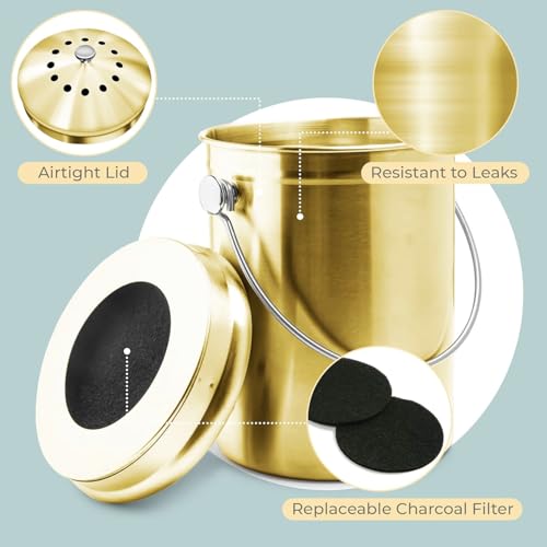 Epica Kitchen Compost Bin for Kicthen Countertops, 1.3 Galllon - Gold - color: Gold