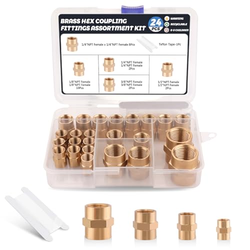 24Pcs Brass Pipe Fittings Hex Coupling Kit,1/8" 1/4" 3/8" 1/2" NPT - style: Hex Coupling