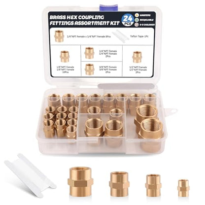 24Pcs Brass Pipe Fittings Hex Coupling Kit,1/8" 1/4" 3/8" 1/2" NPT - style: Hex Coupling