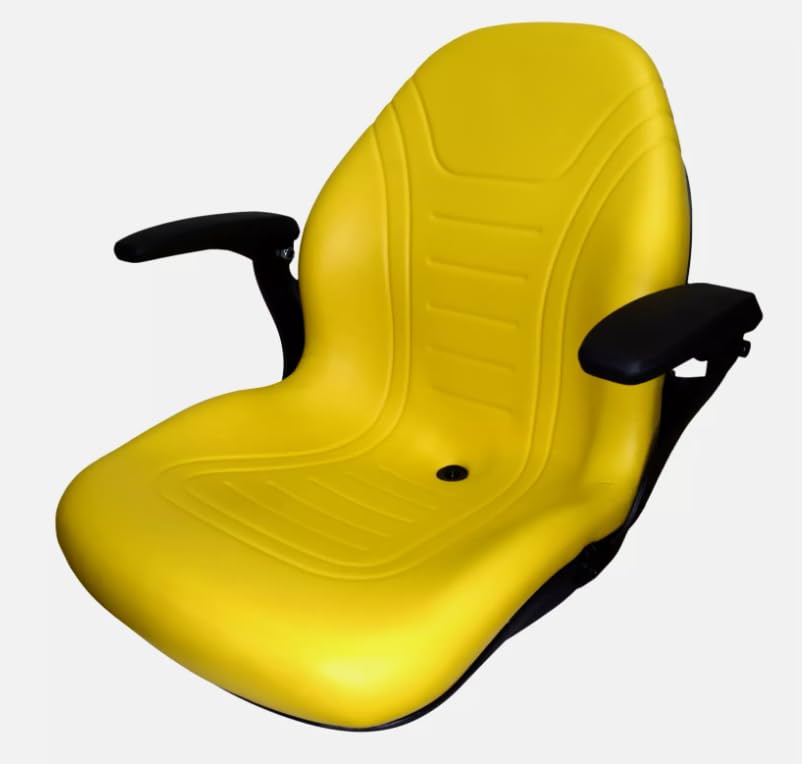 High Back Compact Tractor Seat Compatible with John Deere; Yellow Waterproof Vinyl; includes Flip-up Arm Rest and Drain Hole: Please check your bolt-hole patterns