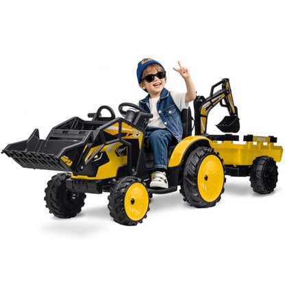 3 in 1 Ride on Tractor, 24V Ride on Toy for Big Kids, Excavator Bulldozer - Battery-Powered Electric Vehicle w/Trailer, Digger, Remote Control, LED Lights, Music, USB, Battery Powered, Yellow - color: Yellow