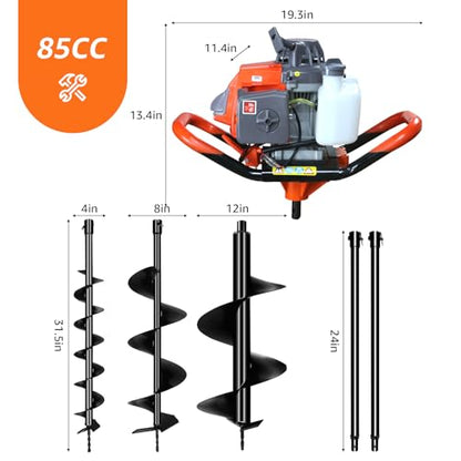85CC Auger Post Hole Digger Gas Powered for Farm w/ 3 Bits +2 Extension Rod
