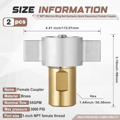 2 Pack 1 in Npt Wet Line Wing Nut Hydraulic Female Coupler - size: 1 in