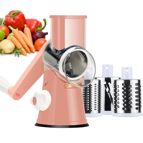 Ourokhome Rotary Cheese Grater Hand Crank, Kitchen Shredder Speed Mandolin Slicer Nuts Grinder with Handle and Drum Blades for Cheese, Vegetable, Walnuts, Chocolate, Potato, Carrot, 3 Blades, Pink - color: D-Pink, style: 3 blades
