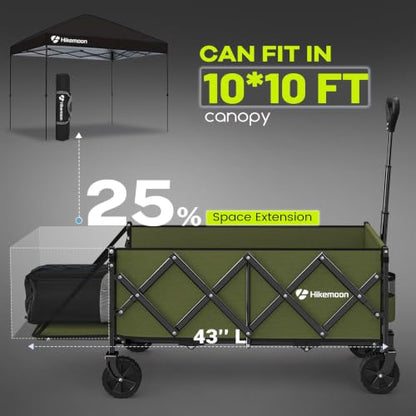 HIKEMOON 43'' Extra Long Folding Wagon with Extended Tailgate, Green - color: Army Green