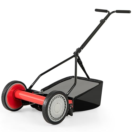 Push Lawn Mower, 14" Manual Rear Mower with 5 Steel Blades, Adjustable Cutting Heights & Grass Catcher Bag, Walk-Behind Grass Cutter Lawn Sweeper for Garden, Park & Yard (Red) - color: Red, size: 14"
