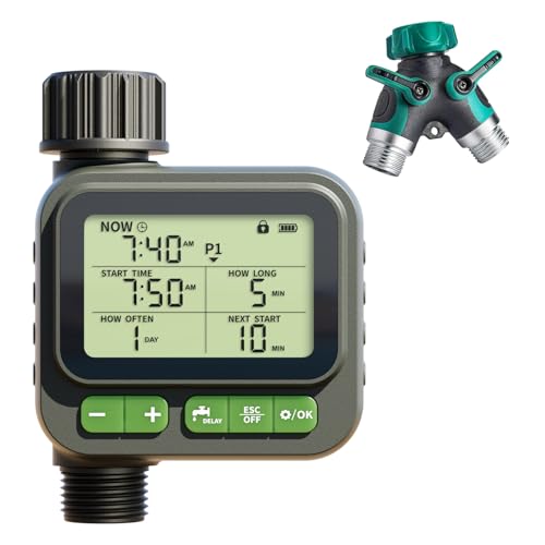 Sprinkler Timer for Garden Hose, Programmable Water Timer with 4 Custom Plans, Rain Delay & 2-Way Splitter, Digital Automatic Watering System for Yard, Lawn, Irrigation