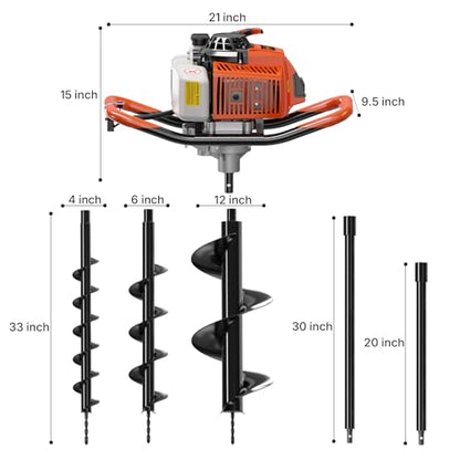 WORKIT 72CC Post Hole Digger, Auger Post Hole Digger Easy Start, 2-Cycle Xtreme Engine, Gas Powered Earth Auger with 4"+6"+12" Auger Drill Bit, 20"+30" Extension Rods, EPA Certification - size: 72cc+3 bit(4"+6"+12")+2 Ext(20"+30")