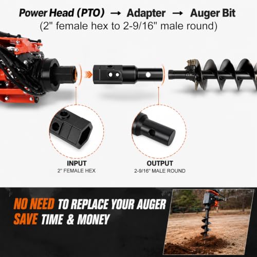 2" Female Hex to 2-9/16" Male Round Auger Adapter Heavy-Duty Auger Coupler Welded Drive Converter for Skid Steer, Tractor, Post Hole Digger & Earth Auger Bit, Fits 3/4" or 7/8" Pins