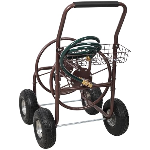 Expressions Heavy Duty Hose Reel Cart with Wheels 250 Ft Hose Capacity Metal Caddie for Lawn Care