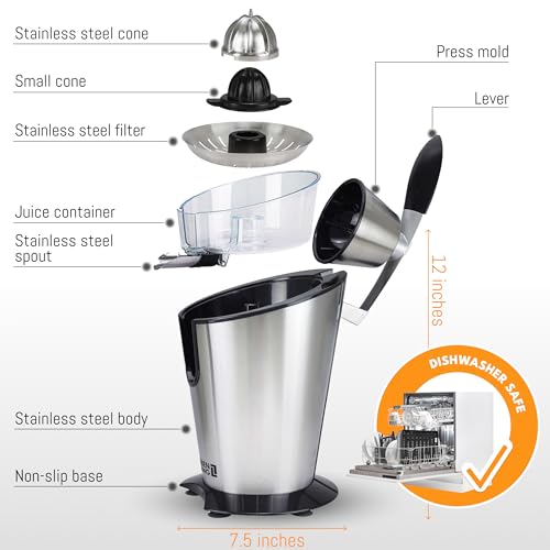 LEBENLANG Stainless Steel Electric Orange Juicer 200W I Incl. Stainless Steel Cone & BPA-Free | 24oz Electric Juicer Citrus Press Fruit Press I High Juice Yield for Oranges & Lemons - color: Silver